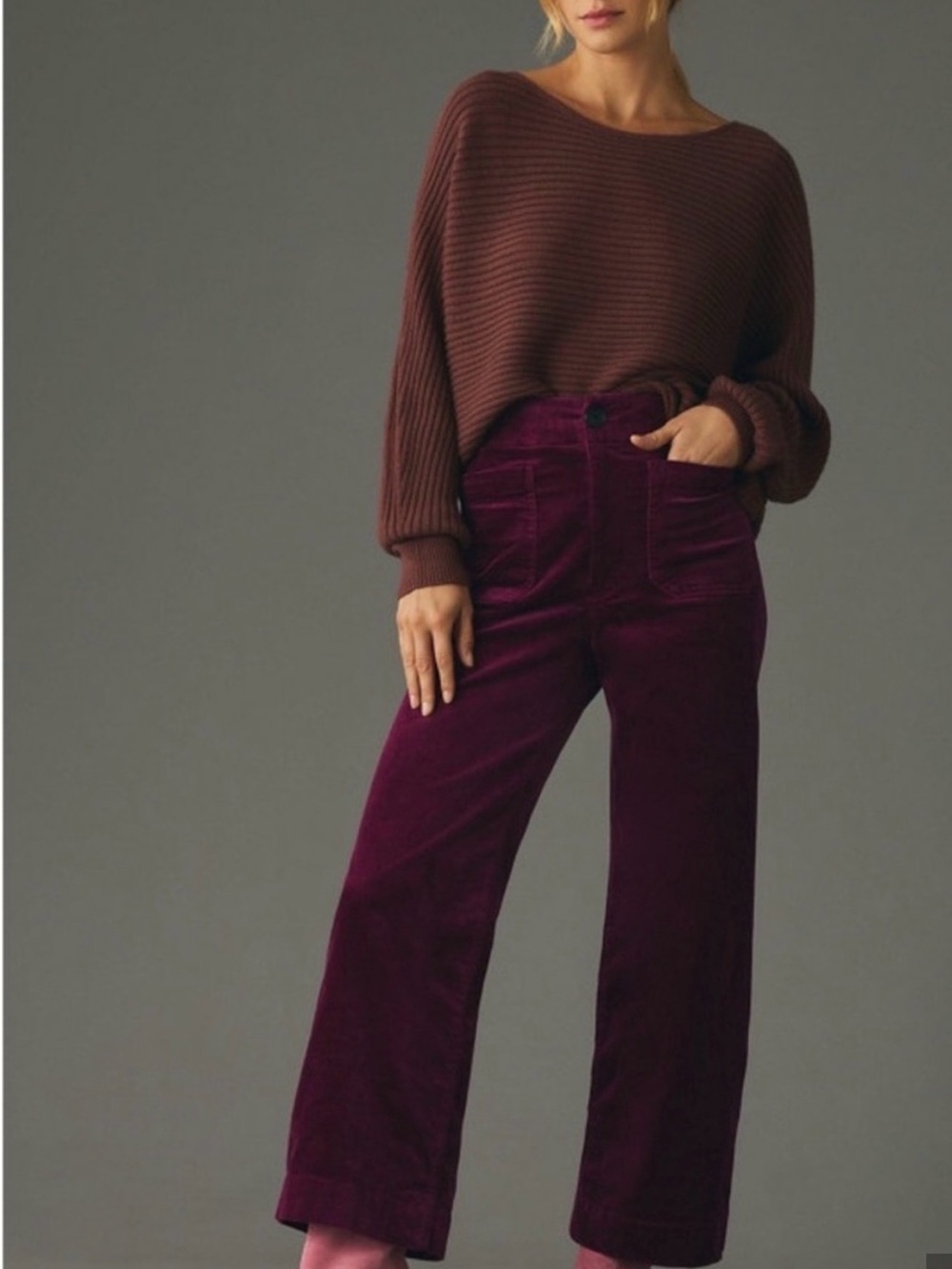 Maeve Wide-Leg Corduroy Pants in Deep Plum